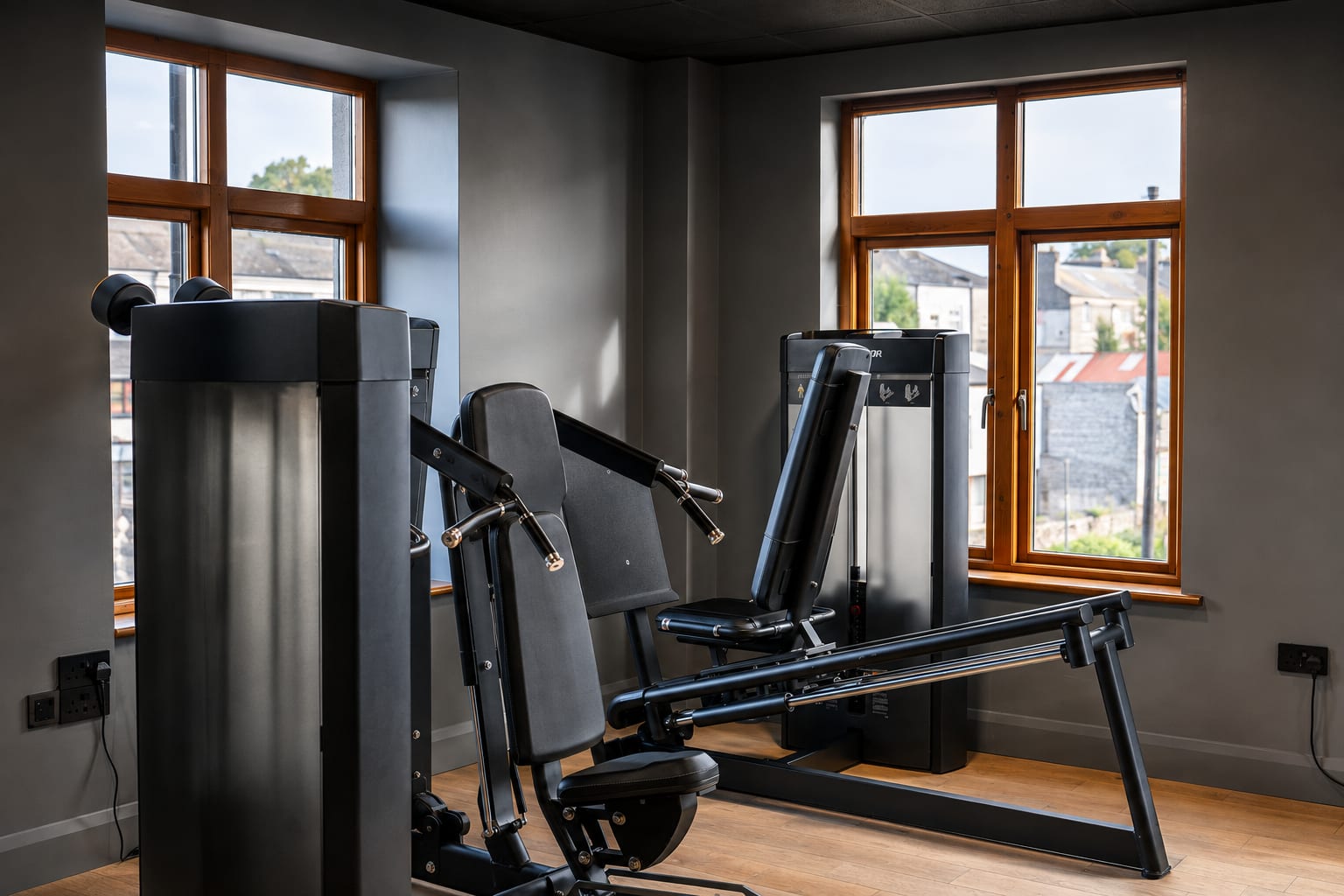 Forteza selectorised strength machines on the Move5D gym floor — lat pulldown, chest press and leg press.