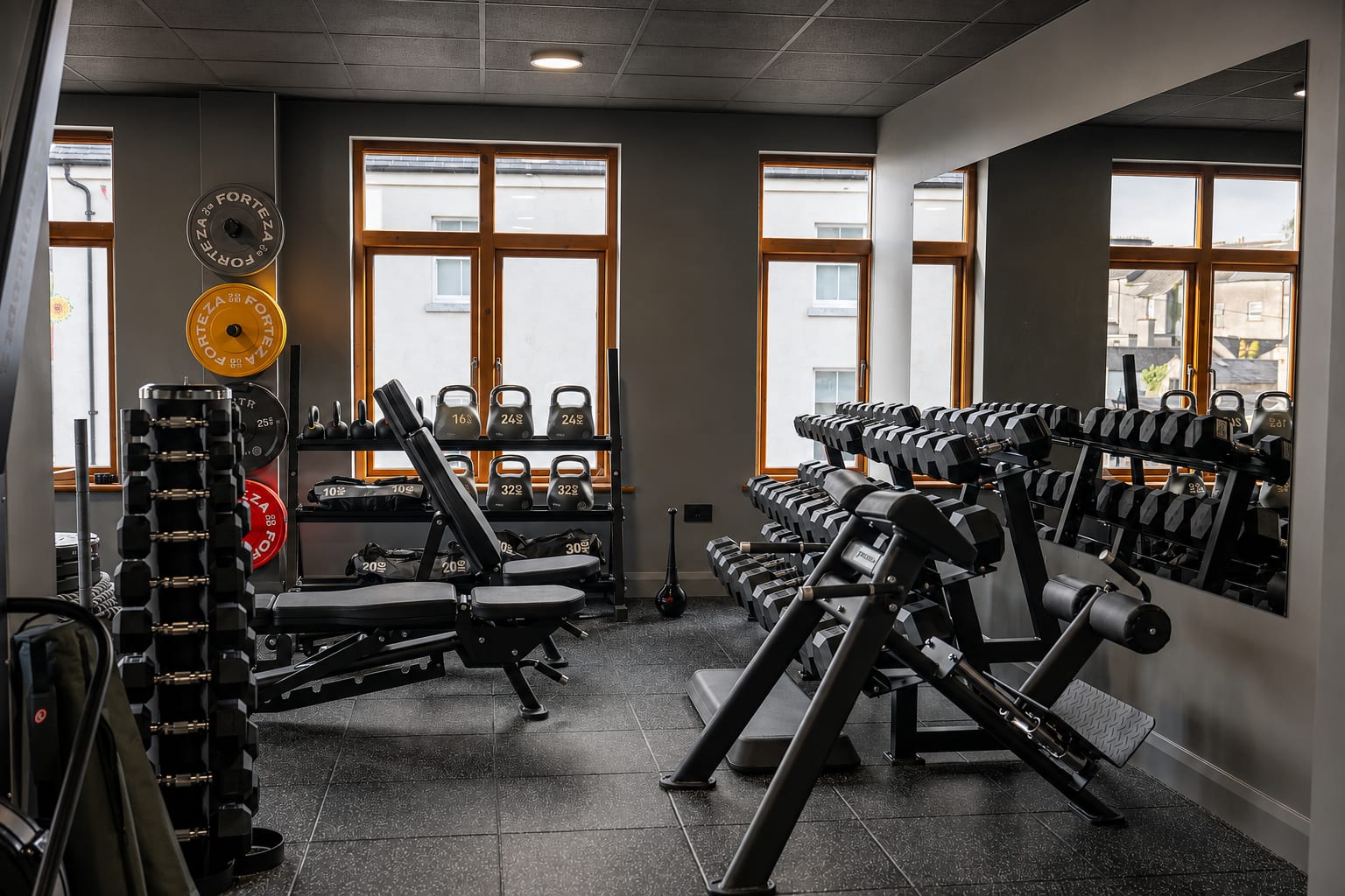 The Move5D gym floor at Live 5D Health, Boyle — free weights, benches and dumbbell racks in natural light.